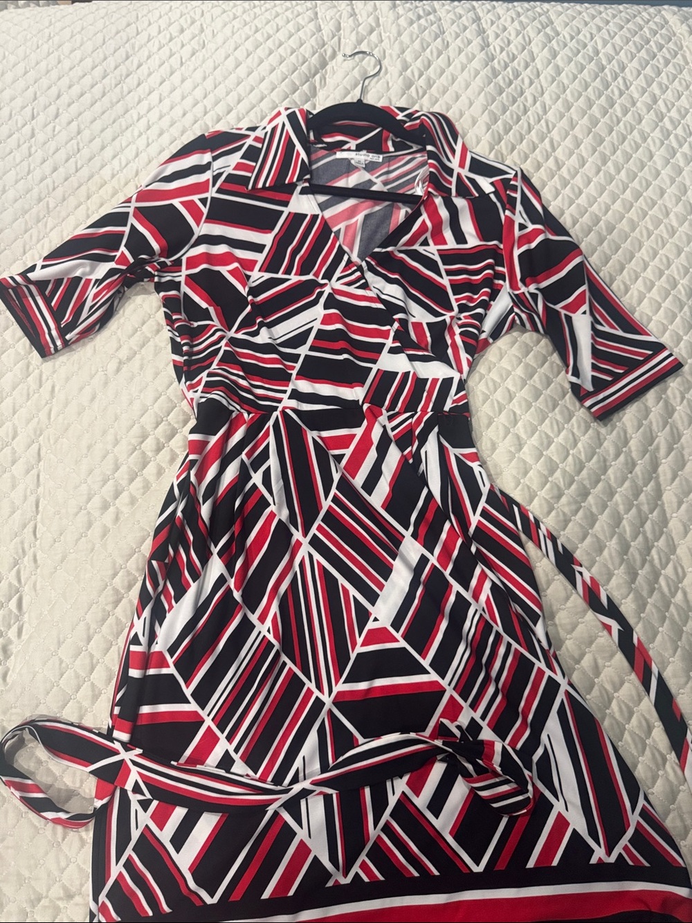 Geometric Red, Black & White Wrap Midi Dress
